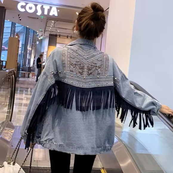 Black Vintage Wash Studded Floral Embroidered Tassel Button Down Jean jacket - Picture 2 of 11